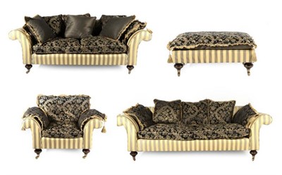 Lot 464 - A Four Piece Lounge Suite, modern, upholstered in cream and striped fabric, with removable cushions