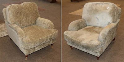 Lot 468 - A Pair of Upholstered Armchairs, modern, covered in beige chenille-type fabric, with rounded...