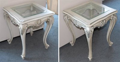 Lot 472 - A Pair of Lamp Tables, modern, painted en grisaille with crackle effect paint, the serpentine...