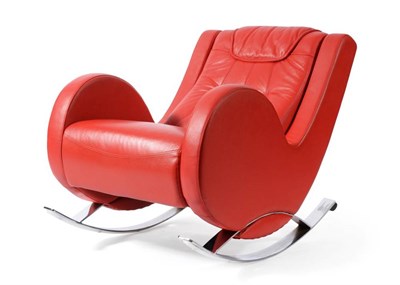 Lot 480 - An Italian Red Leather Rocking Chair, modern, unmarked, with rounded arms, on polished chrome...