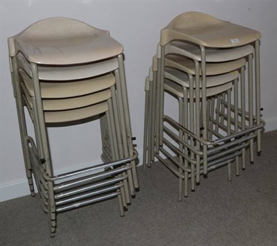 Lot 512 - Ten Stacking Steelux London Science Laboratory Stools, stamped GLC Design London, comprising...