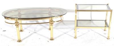 Lot 515 - A Brass and Brown Tinted Glass Two-Tier Occasional Table, of rectangular form, on tubular legs,...