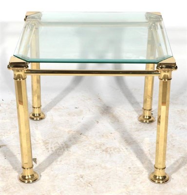 Lot 519 - A 1970's Brass and Glass Top Side Table, of square form with canted corners, the tubular frame...