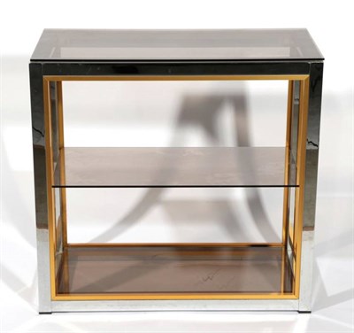 Lot 520 - A 1970's Chromed Metal and Gilded Three-Tier Side Table, of rectangular form, on square form...