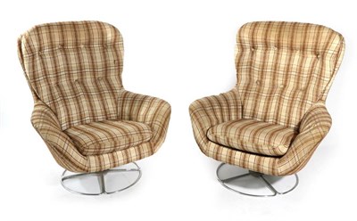 Lot 549 - Swedfurn Slatt Mobler Toreboda: A Pair Swivel Armchairs, covered in original brown and cream stripe