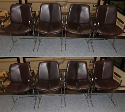 Lot 553 - Peiff Furniture: A Set of Eight Brown Leather and Chrome Cantilever Armchairs, circa 1970/80's,...
