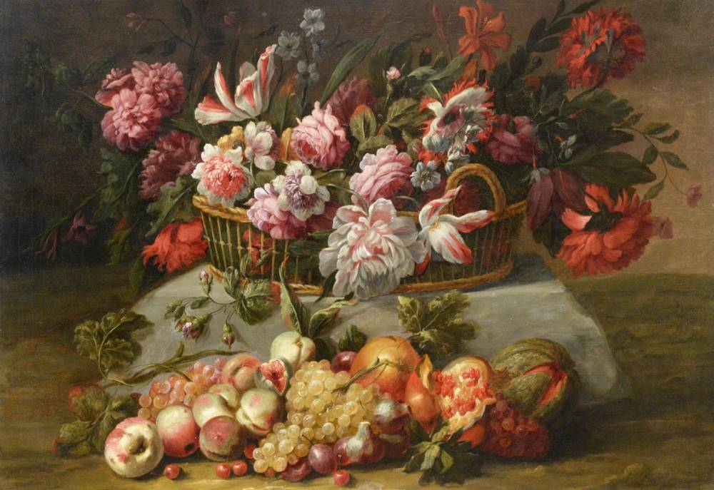 Lot 329 - Circle of Nicolas Baudesson (Troyes c.1611-1680 Paris) A basket of poppies, roses, tulips and other