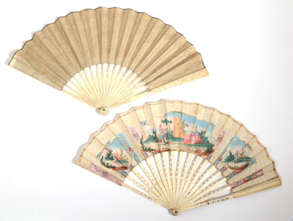 Lot 2000 - A Mid-18th Century Ivory Fan, With Double Paper Leaf, découpage for the top border and between...