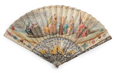 Lot 2009 - A Mid 18th Century Mother-of-Pearl Fan, the monture carved, pierced and gilded, with thin...