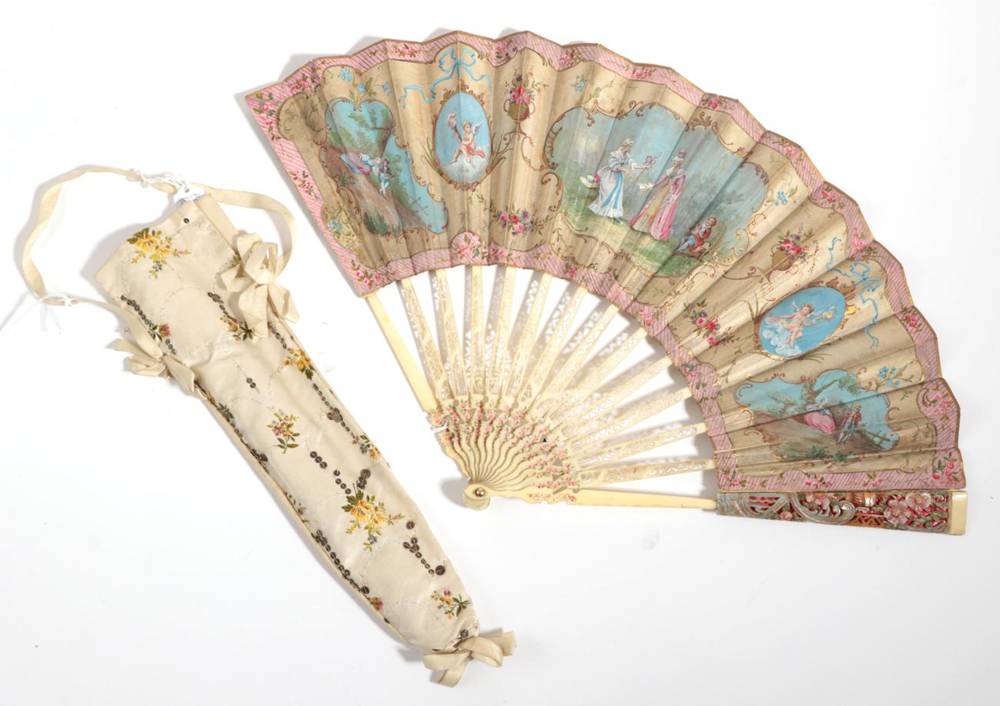 Lot 2011 - A Third Quarter 18th Century Ivory Fan, the sticks pierced and the upper guards carved with...