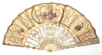 Lot 2013 - A Mid-18th Century Ivory Fan, French, the monture carved, pierced, silvered and gilded, with...
