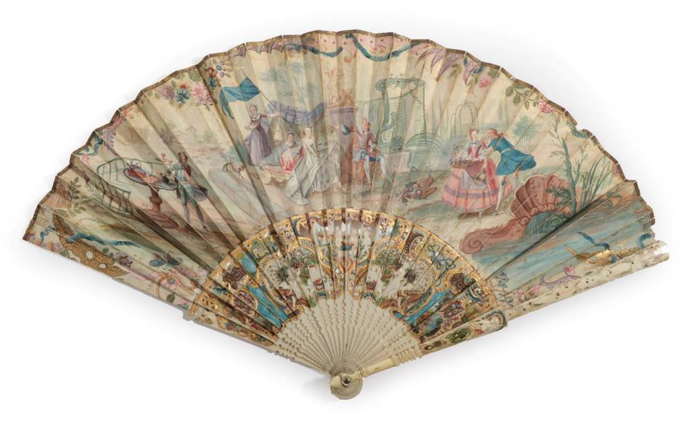 Lot 2014 - A Circa 1760's Ivory Fan, the monture pierced, gilded and attractively painted, the gorge with...