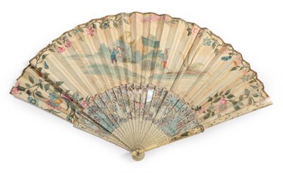 Lot 2014 - A Circa 1760's Ivory Fan, the monture pierced, gilded and attractively painted, the gorge with...