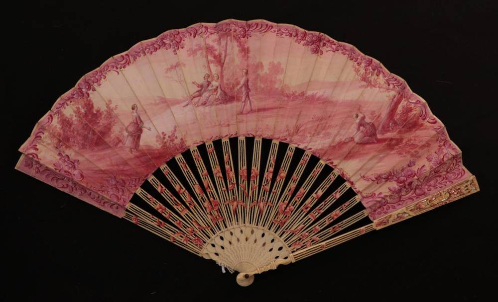Lot 2015 - A Mid-18th Century French Ivory Fan, mounted with a double leaf painted in differing shades of pink
