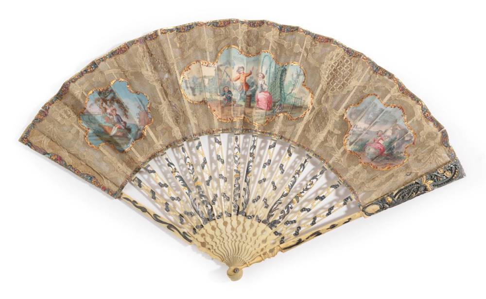 Lot 2016 - A Mid-18th Century Ivory Fan, the monture carved, pierced and silvered, the gorge sticks in...