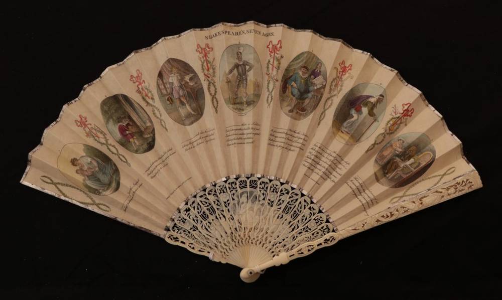 Lot 2024 - Shakespeare's Seven Ages: An 18th Century Ivory Fan, the monture carved and pierced with a...