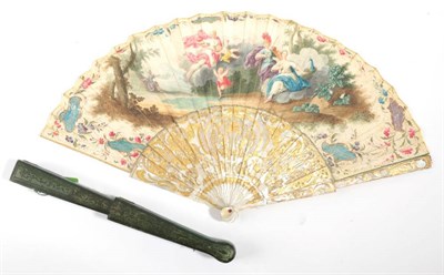 Lot 2026 - A Fine Mid-18th Century Mother-of-Pearl Fan, the monture heavily gilded, the carved gorge...