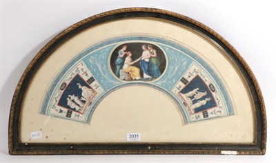 Lot 2031 - A Grand Tour Period Framed Fan Leaf, with a central cartouche and two side vignettes of...
