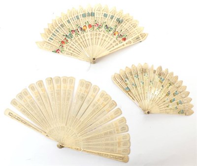 Lot 2035 - Three Early 19th Century Bone Brisé Fans, to include an example painted recto/verso with colourful