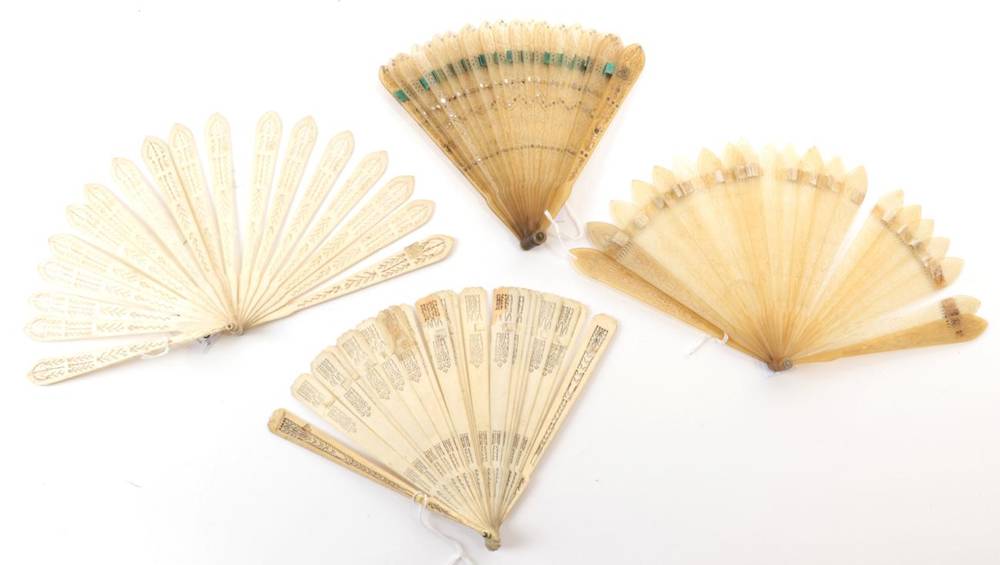 Lot 2036 - Four Early 19th Century Brisé Fans, comprising a horn brisé with pointed tips, twenty inner...
