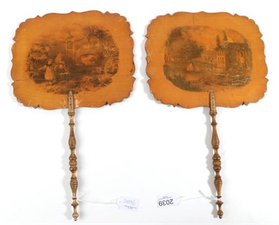 Lot 2039 - A Pair of 19th Century Rectangular Face Screen or Fixed Fans, of lacquered wood, one painted...