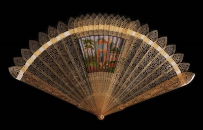 Lot 2047 - An Early 19th Century Four-Way Horn Brisé Fan, with pointed tips and barrel head. The four painted