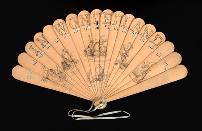 Lot 2049 - In Wonderland: A Wood Brisé Fan, circa 1880's, the light polished sticks drawn with the title ''In