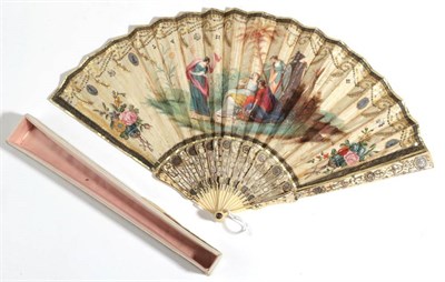 Lot 2051 - An Early 19th Century Ivory Fan, circa 1810 to 1820's, the sticks carved and silvered, with...
