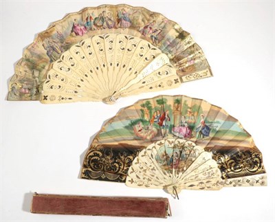 Lot 2056 - Two Mid-19th Century Bone Fans, the first with broad sticks allowing for a colourful painting...