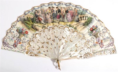 Lot 2057 - A Mid-19th Century Fan, the heavy monture of pierced and gilded white mother-of-pearl, mounted with