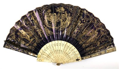 Lot 2061 - A Colourful Mid-19th Century Lithographed Fan, the double paper leaf mounted on carved, pierced and