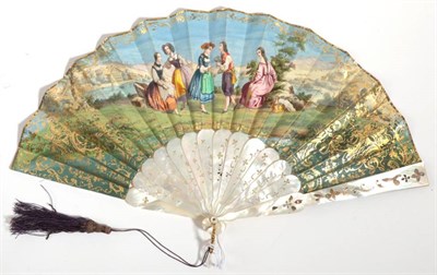 Lot 2062 - A Small 19th Century Fan, with white mother-of-pearl monture, lightly carved and gilded, the double