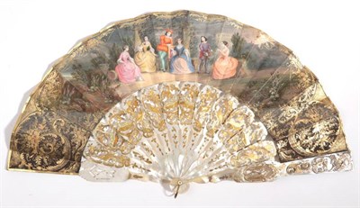 Lot 2063 - A Mid-19th Century Fan, with heavy mother-of-pearl monture, the gorge sticks carved and pierced and
