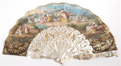 Lot 2063 - A Mid-19th Century Fan, with heavy mother-of-pearl monture, the gorge sticks carved and pierced and