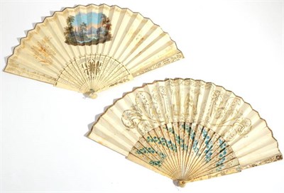 Lot 2065 - A Mid-19th Century Bone Fan, with brightly coloured lithographed double velum (?) leaf, the monture