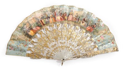 Lot 2067 - A Mid-19th Century Mother-of-Pearl Fan, the heavy sticks gilded and silvered, carved and...