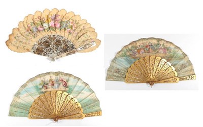 Lot 2069 - A 19th Century Jenny Lind or Palmette Fan, the shaped silk leaf panels mounted on carved and...