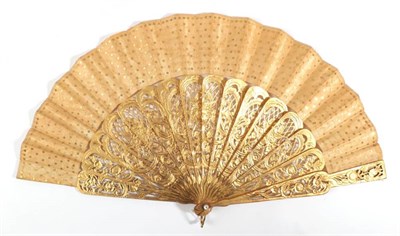 Lot 2069 - A 19th Century Jenny Lind or Palmette Fan, the shaped silk leaf panels mounted on carved and...