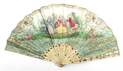 Lot 2070 - A 19th Century Bone Fan, carved and pierced and simply gilded, mounted with a double paper leaf...