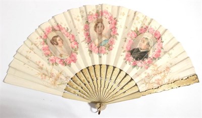 Lot 2074 - A Simple 19th Century Wooden Fan, with carved and shaped sticks, painted dark cream and gilded,...