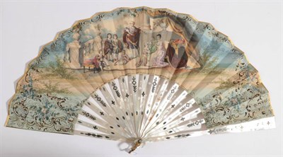 Lot 2075 - A Mid -19th Century White Mother-of-Pearl Fan, the monture pierced and silvered, the double  leaf a