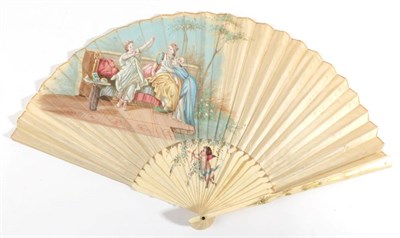 Lot 2078 - A Late 18th Century Bone Fan, mounted with a cream silk, the gorge painted with Cupid aiming...