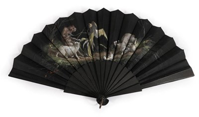 Lot 2079 - A Late 19th Century Wooden Fan, French, the monture plain black, the black silk leaf painted with a