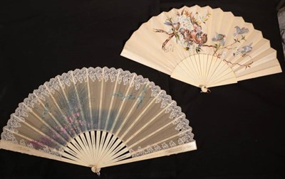 Lot 2084 - A Painted Silk Fan, dated 1889, the double leaf mounted on plain ivory sticks, a riot of...
