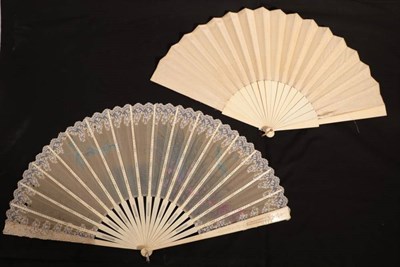Lot 2084 - A Painted Silk Fan, dated 1889, the double leaf mounted on plain ivory sticks, a riot of...