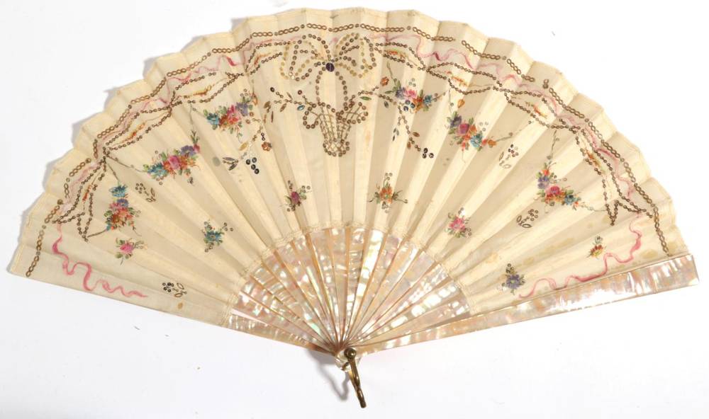 Lot 2090 - A Small Early 20th Century Pink Mother-of Pearl Fan, the monture plain, the double leaf of...