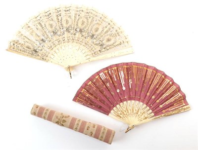 Lot 2092 - An Early 20th Century Bone Fan, the single gauze leaf embroidered in silver sequins of various...