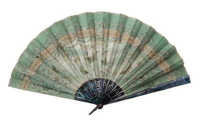 Lot 2101 - A Pretty Circa 1900s Silk Fan, the mother-of-pearl monture dyed a deep iridescent blue, gilded, and