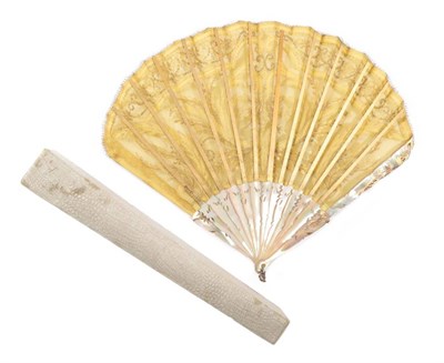 Lot 2106 - A Circa 1900's Fan of Palmette Form, the pale pink mother-of-pearl monture carved and pierced...