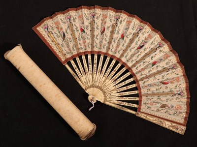 Lot 2117 - Oiseaux Exotiques: An Early 20th Century Bone Fan, retailed by Duvelleroy, and signed on the verso.